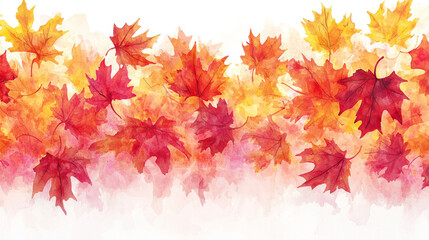 Watercolor autumn leaves border; red, orange, and yellow foliage.