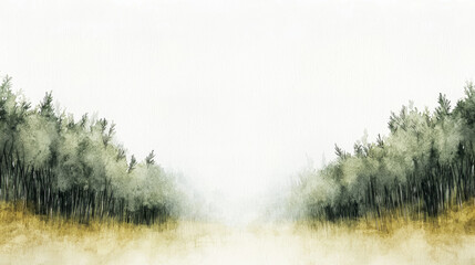 Watercolor painting of misty trees and a path, serene landscape.