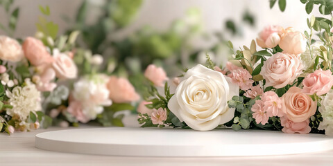 Delicate pastel flowers on white pedestal. Soft, romantic floral arrangement.