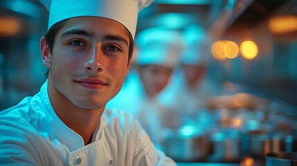 Young Chef Showcasing Skills in a Vibrant Restaurant Kitchen