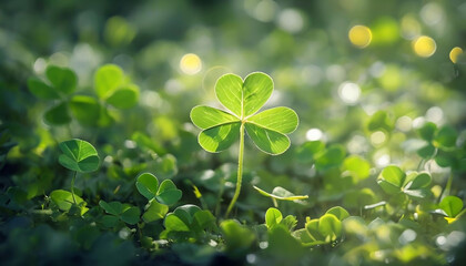 close-up view of a four-leaf clover plant illuminated by sunlight. The clover leaves appear fresh and green, with clear vein details. The background consists of more blurred green plants.