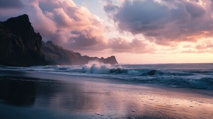 A breathtaking coastal scene captures the dynamic interplay between the ocean and the rugged cliffs at sunset. Large waves crash against the shoreline, sending frothy water into the air. The sky is a 