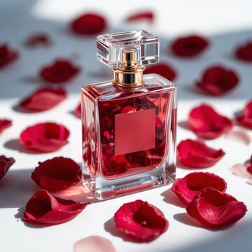 Mockup dise&ntilde;o de producto frasco de colonia perfume de rosas con spray dosificador