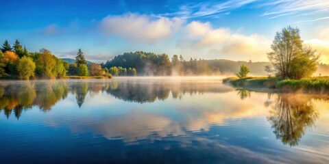 Gentle mist rising from a tranquil lake, serene landscape, serenity,  serene landscape, serenity