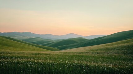 Fototapeta premium A serene landscape featuring rolling green hills under a pastel sky at dusk. The foreground is adorned with delicate wildflowers, creating a lush, vibrant field that contrasts beautifully with the sof