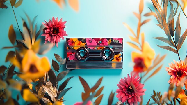 Generative design of a retro music cassette tape with vibrant floral accents on a soft background