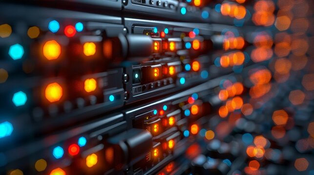 Servers Stacked in Data Center With Blinking LED Lights, Big Data, Network Security Concept.