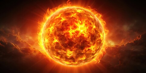Fiery sun with realistic burning on a darkened sky background, intense heat, sun,  intense heat