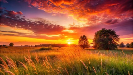 Sunset over a lush meadow with tall grass silhouetted against vibrant orange and pink hues , meadow, golden hour
