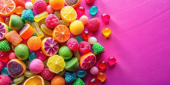 Colorful candy and fruit jelly jujube scattered on a bright pink background with vibrant colors and playful arrangement, sweet treats, still life