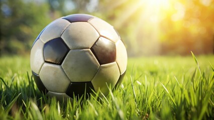 Fototapeta premium Closeup of a soccer ball with subtle grass texture and faint blades on the surface