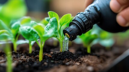 A close-up of hands pouring water onto young seedlings, illustrating the significance of nurturing plants for sustainable growth while promoting an eco-friendly lifestyle and agricultural practices.