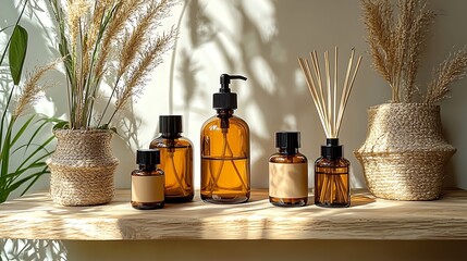 Amber bottles, reeds diffuser, pampas grass, wooden shelf, sunlight, home decor, spa setting