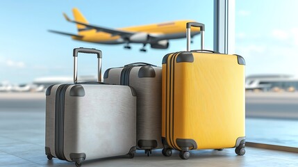 Airport luggage, plane landing, travel departure