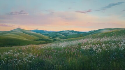 A serene landscape showcases rolling green hills adorned with colorful wildflowers in the foreground. The scene is set against a pastel sky at dawn or dusk, with soft clouds gently illuminated by warm