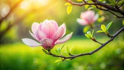 Obraz premium Delicate pink magnolia flower in full bloom on a lush green branch, nature scenery, magnolia