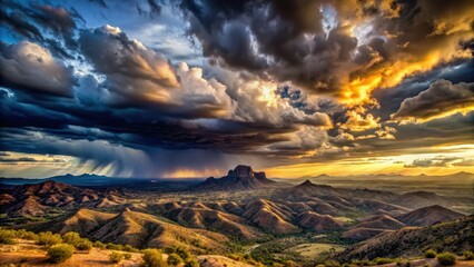 Dark Stormy Clouds Over Mountain Landscape at Sunset, rugged terrain