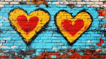 Bright graffiti art with LOVE and heart motifs on a brick wall leaving space for text copy space urban theme dynamic blend mode city street backdrop