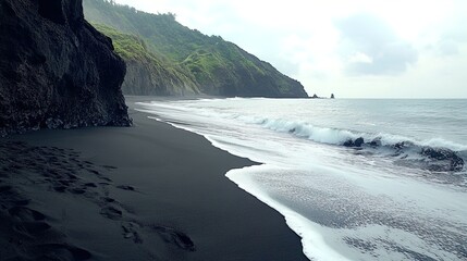 A serene beach scene featuring a stretch of black sand along the coastline. Gentle waves lap at the...