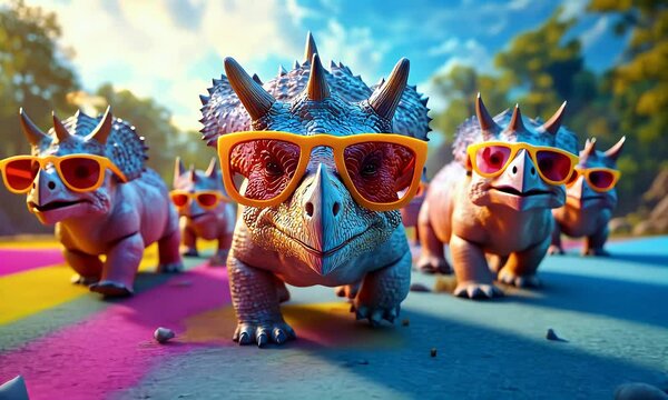 a group of triceratops wear sunglasses walking  in the nature
