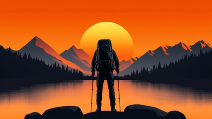 Bold outdoor gear sale ad, hiker with backpack in scenic mountain view, clean overlay space for discount text, vibrant and rugged design