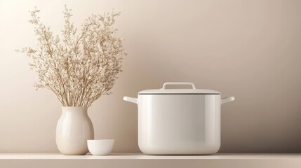 Clean and stylish e-commerce template with essential cookware, soft lighting, ample overlay space for discount text, sleek and modern