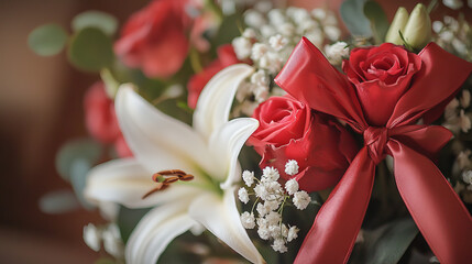 Fototapeta premium Close-Up of a Floral Arrangement with Vibrant Roses and Lilies. Concept of Romantic Bouquets, Elegant Blooms, Artistic Flower Design, and Nature's Beauty.. Valentine's Day