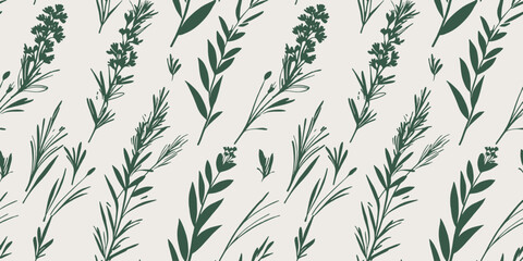 Vector seamless floral pattern with green herbs and grass on light gray background