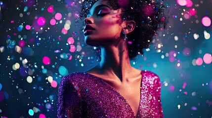 Woman in sparkly dress, confetti falling.