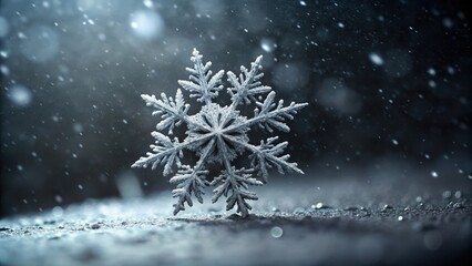 Snowflake falling from grey sky isolated on black background with subtle texture and blurred edges, frosty atmosphere , isolated