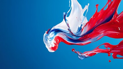 Artistic abstraction of red white and blue paint blending into fluid forms on a blue canvas