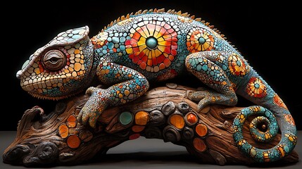 Colorful Chameleon Mosaic Sculpture on Branch