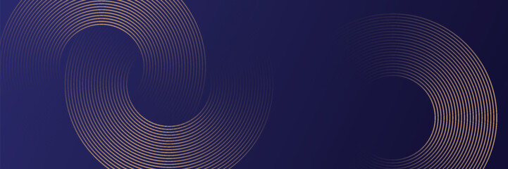Abstract gold glowing geometric lines on dark blue background. Modern shiny gold circle lines pattern. Futuristic technology concept. Suit for cover, poster.