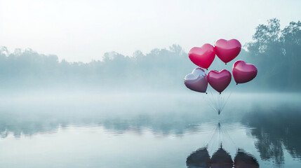 Fototapeta premium Heart-Shaped Balloons Soaring Over a Serene Lake on a Misty Morning. Concept of Love, Tranquility, Romantic Atmosphere, Nature's Beauty.. Valentine's Day. Copy space