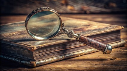 A magnifying glass with a wooden handle and intricate metalwork, placed on a dusty old book, observation, study