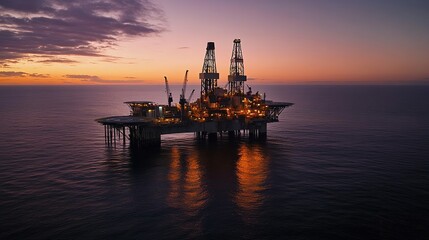 Offshore Oil Rig at Sunset with Calm Waters and Vibrant Orange and Purple Reflections