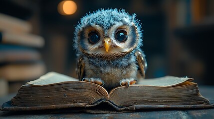 Cute owl resting on antique book, soft lighting