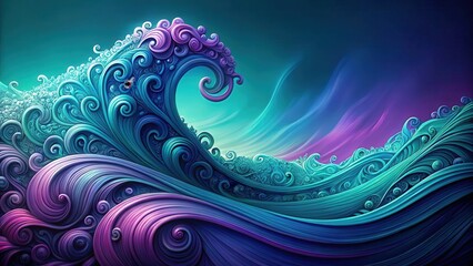 Vibrant turquoise wave on a gradient background with swirling patterns and deep blues and purples, artistic, pattern