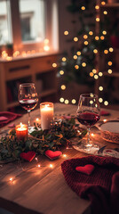 Romantic Dining Room with Candlelit Dinner Setting and Wine Glasses. Concept of Cozy Atmosphere, Intimate Moments, Love Celebration. Valentine's Day. Vertical