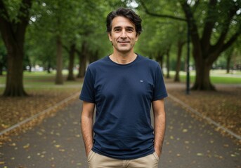 Casual portrait of a smiling man in a park surrounded by green trees