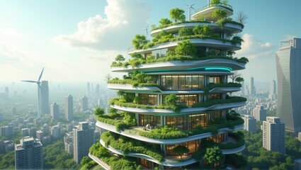 Futuristic cityscape with innovative green skyscrapers featuring lush vertical gardens, overlooking a highway and urban skyline with wind turbines. Generative, AI,