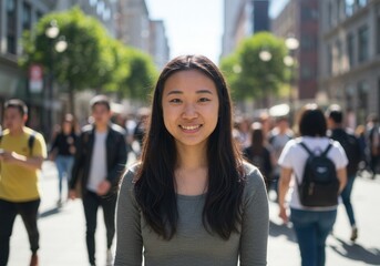 Fototapeta premium Smiling young woman in urban street with outdoor crowd in background
