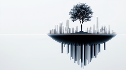 Fototapeta premium Abstract black-and-white skyline with a single tree emerging from dense structures, portraying nature's resilience within urban landscapes