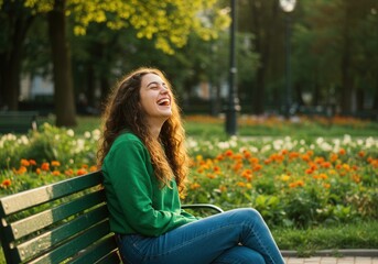 Obraz premium Woman laughing on park bench in spring garden