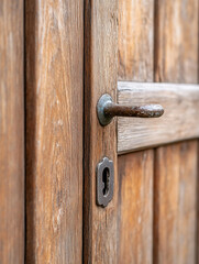 Fototapeta premium Close-up of a weathered wooden door with a vintage doorknob and keyhole.