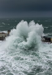 Massive ocean wave crashing against coastal buildings during storm