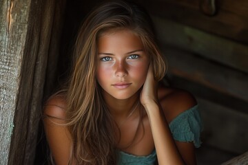 Fototapeta premium Teenage girl with freckles, long hair, and green eyes, sitting in a wooden alcove.