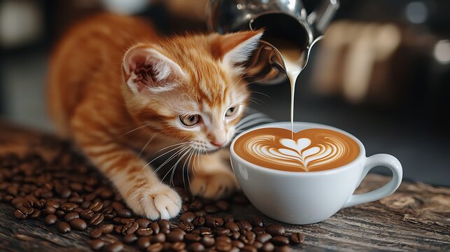 Kitten observing latte art