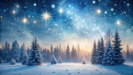 Fototapeta premium Softly falling snowflakes in a serene winter landscape with a blurred forest scene and twinkling stars in the night sky, forest blur, starry night