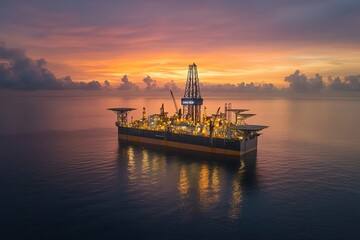 Fototapeta premium Offshore Oil Rig at Sunset with Calm Waters and Vibrant Orange and Purple Reflections